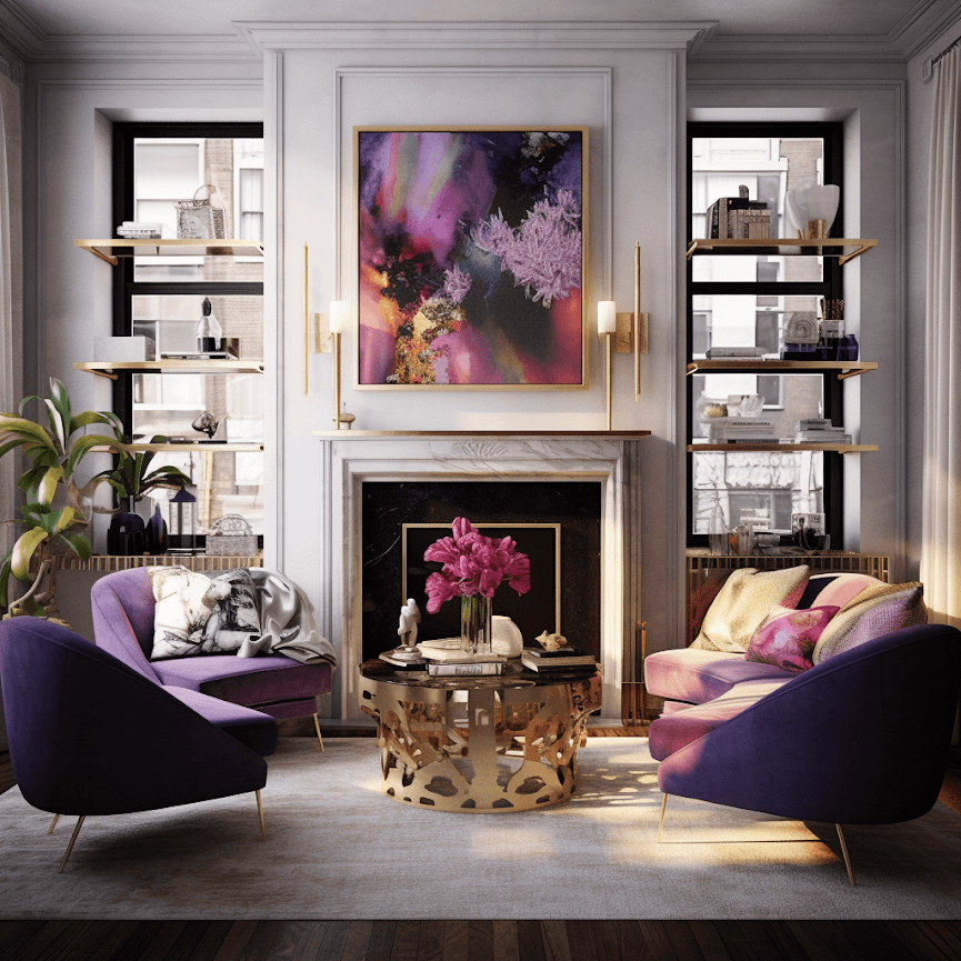 Upper East Side Apartment Living Room with Fireplace in the Style of Cynthia Rowley, created with Midjourney