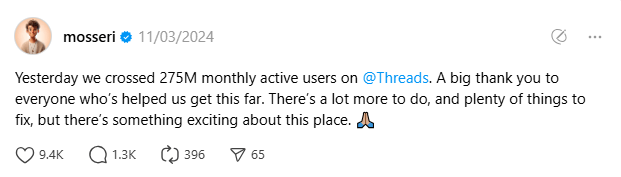 Threads 275 million monthly active users