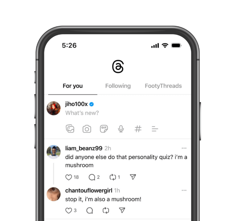 Threads "For You," "Following," and custom feeds